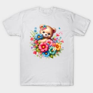 A teddy bear decorated with beautiful colorful flowers. T-Shirt